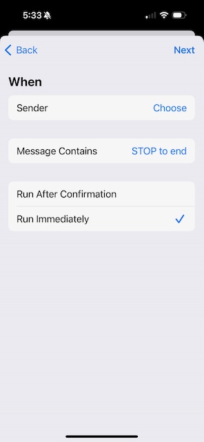 Automation When screen selecting Run Immediately